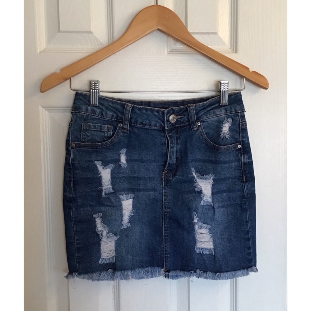 Wax Jeans Women's Mini Skirt Distressed Stretch Denim Blue Size Small